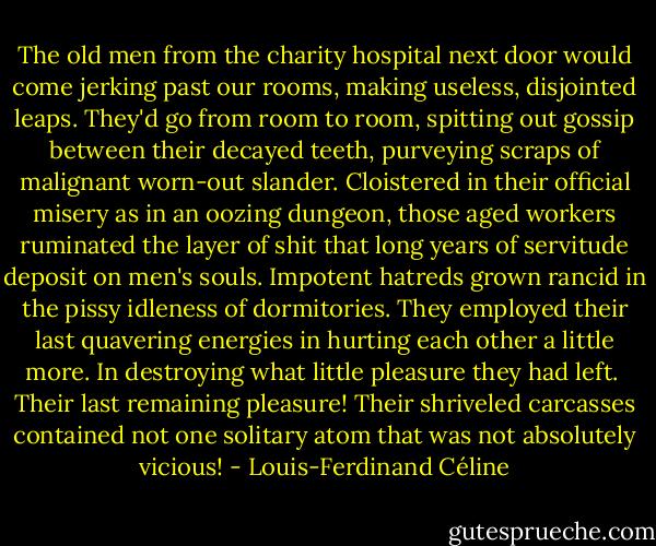 The old men from the charity hospital next door would come jerking past our rooms, making useless, disjointed leaps. They'd go from room to room, spitting out gossip between their decayed teeth, purveying scraps of malignant worn-out slander. Cloistered in their official misery as in an oozing dungeon, those aged workers ruminated the layer of shit that long years of servitude deposit on men's souls. Impotent hatreds grown rancid in the pissy idleness of dormitories. They employed their last quavering energies in hurting each other a little more. In destroying what little pleasure they had left. <br />Their last remaining pleasure! Their shriveled carcasses contained not one solitary atom that was not absolutely vicious! - Louis-Ferdinand Céline