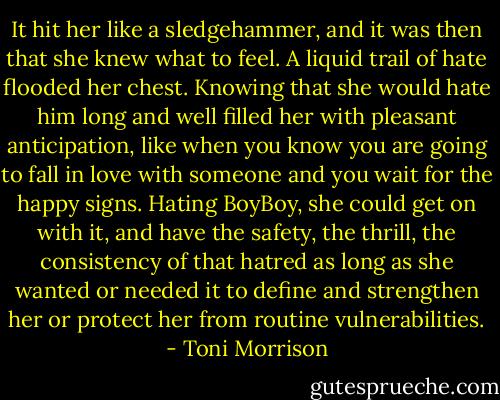 It hit her like a sledgehammer, and it was then that she knew what to feel. A liquid trail of hate flooded her chest.<br />Knowing that she would hate him long and well filled her with pleasant anticipation, like when you know you are going to fall in love with someone and you wait for the happy signs. Hating BoyBoy, she could get on with it, and have the safety, the thrill, the consistency of that hatred as long as she wanted or needed it to define and strengthen her or protect her from routine vulnerabilities. - Toni Morrison