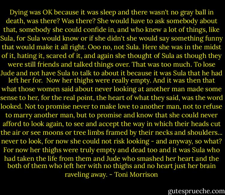 Dying was OK because it was sleep and there wasn't no gray ball in death, was there? Was there? She would have to ask somebody about that, somebody she could confide in, and who knew a lot of things, like Sula, for Sula would know or if she didn't she would say something funny that would make it all right. Ooo no, not Sula. Here she was in the midst of it, hating it, scared of it, and again she thought of Sula as though they were still friends and talked things over. That was too much. To lose Jude and not have Sula to talk to about it because it was Sula that he had left her for.<br /><br />Now her thighs were really empty. And it was then that what those women said about never looking at another man made some sense to her, for the real point, the heart of what they said, was the word looked. Not to promise never to make love to another man, not to refuse to marry another man, but to promise and know that she could never afford to look again, to see and accept the way in which their heads cut the air or see moons or tree limbs framed by their necks and shoulders... never to look, for now she could not risk looking - and anyway, so what? For now her thighs were truly empty and dead too and it was Sula who had taken the life from them and Jude who smashed her heart and the both of them who left her with no thighs and no heart just her brain raveling away. - Toni Morrison