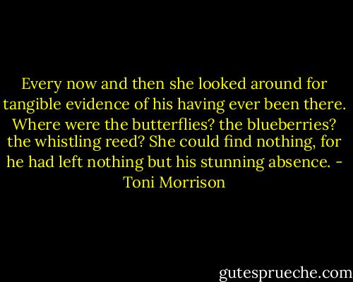 Every now and then she looked around for tangible evidence of his having ever been there. Where were the butterflies? the blueberries? the whistling reed? She could find nothing, for he had left nothing but his stunning absence. - Toni Morrison