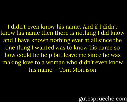 I didn't even know his name. And if I didn't know his name then there is nothing I did know and I have known nothing ever at all since the one thing I wanted was to know his name so how could he help but leave me since he was making love to a woman who didn't even know his name. - Toni Morrison