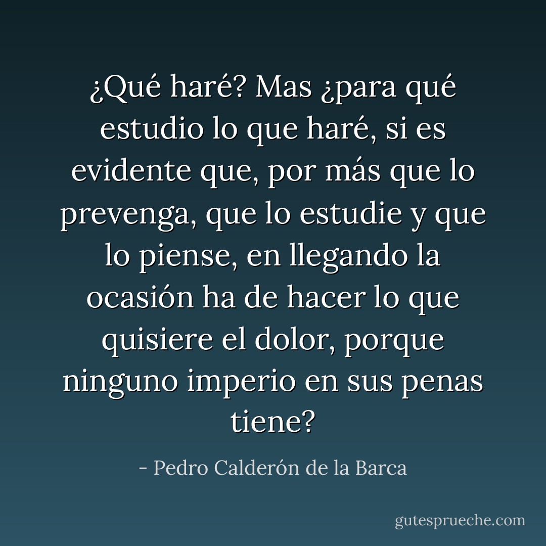 ¿Qué haré? Mas ¿para qué estudio<br />lo que haré, si es evidente<br />que, por más que lo prevenga,<br />que lo estudie y que lo piense,<br />en llegando la ocasión<br />ha de hacer lo que quisiere<br />el dolor, porque ninguno<br />imperio en sus penas tiene? - Pedro Calderón de la Barca