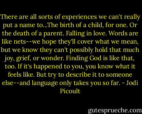 There are all sorts of experiences we can't really put a name to...The birth of a child, for one. Or the death of a parent. Falling in love. Words are like nets--we hope they'll cover what we mean, but we know they can't possibly hold that much joy, grief, or wonder. Finding God is like that, too. If it's happened to you, you know what it feels like. But try to describe it to someone else--and language only takes you so far. - Jodi Picoult