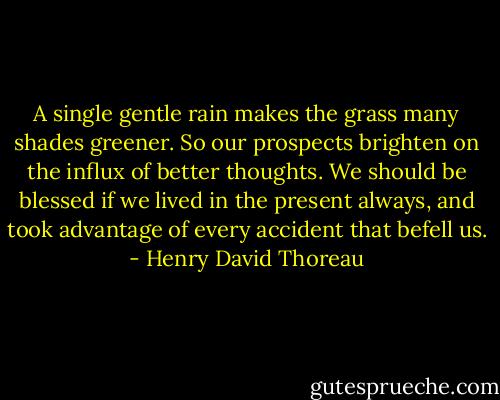 A single gentle rain makes the grass many shades greener. So our prospects brighten on the influx of better thoughts. We should be blessed if we lived in the present always, and took advantage of every accident that befell us. - Henry David Thoreau