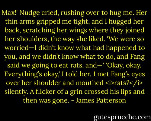 Max!' Nudge cried, rushing over to hug me. Her thin arms gripped me tight, and I hugged her back, scratching her wings where they joined her shoulders, the way she liked. 'We were so worried—I didn’t know what had happened to you, and we didn’t know what to do, and Fang said we going to eat rats, and—'<br />'Okay, okay. Everything’s okay,' I told her. I met Fang’s eyes over her shoulder and mouthed <i>rats?</i> silently. A flicker of a grin crossed his lips and then was gone. - James Patterson