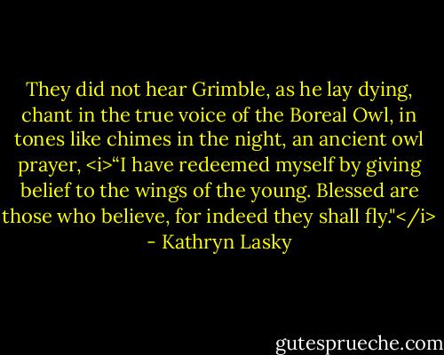 They did not hear Grimble, as he lay dying, chant in the true voice of the Boreal Owl, in tones like chimes in the night, an ancient owl prayer, <i>“I have redeemed myself by giving belief to the wings of the young. Blessed are those who believe, for indeed they shall fly."</i> - Kathryn Lasky