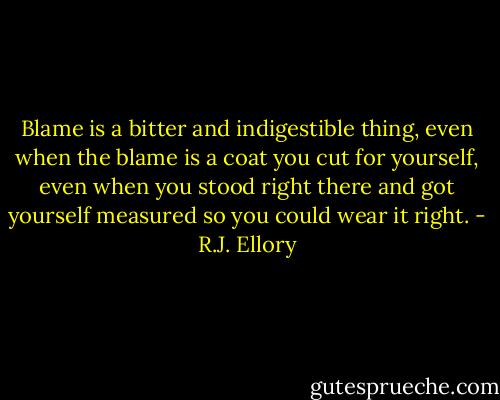 Blame is a bitter and indigestible thing, even when the blame is a coat you cut for yourself, even when you stood right there and got yourself measured so you could wear it right. - R.J. Ellory