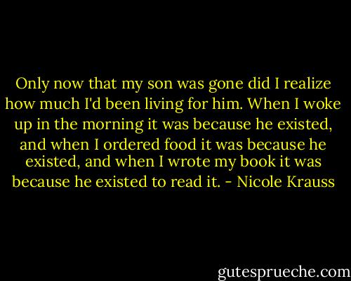Only now that my son was gone did I realize how much I'd been living for him. When I woke up in the morning it was because he existed, and when I ordered food it was because he existed, and when I wrote my book it was because he existed to read it. - Nicole Krauss