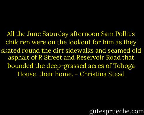 All the June Saturday afternoon Sam Pollit's children were on the lookout for him as they skated round the dirt sidewalks and seamed old asphalt of R Street and Reservoir Road that bounded the deep-grassed acres of Tohoga House, their home. - Christina Stead