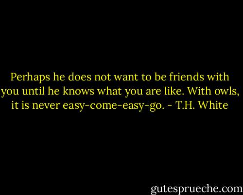 Perhaps he does not want to be friends with you until he knows what you are like. With owls, it is never easy-come-easy-go. - T.H. White