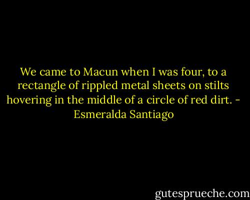 We came to Macun when I was four, to a rectangle of rippled metal sheets on stilts hovering in the middle of a circle of red dirt. - Esmeralda Santiago
