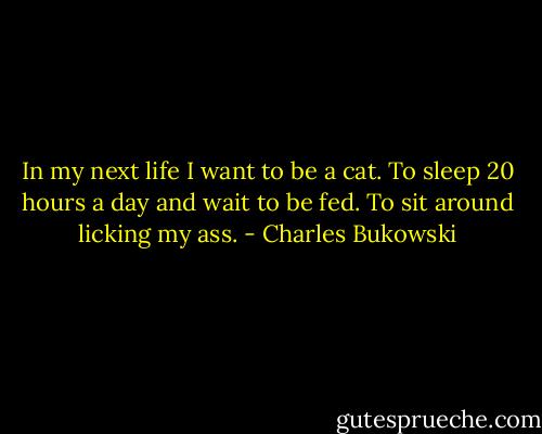 In my next life I want to be a cat. To sleep 20 hours a day and wait to be fed. To sit around licking my ass. - Charles Bukowski