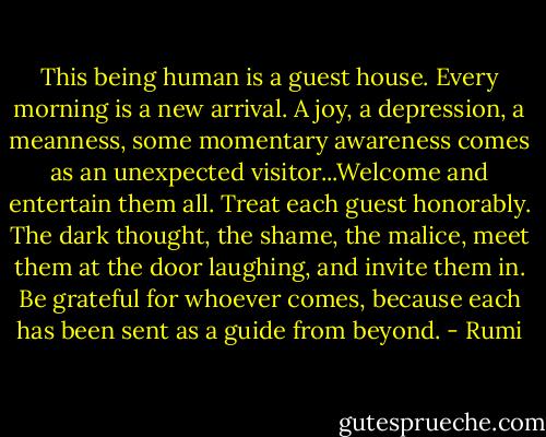 This being human is a guest house. Every morning is a new arrival. A joy, a depression, a meanness, some momentary awareness comes as an unexpected visitor...Welcome and entertain them all. Treat each guest honorably. The dark thought, the shame, the malice, meet them at the door laughing, and invite them in. Be grateful for whoever comes, because each has been sent as a guide from beyond. - Rumi