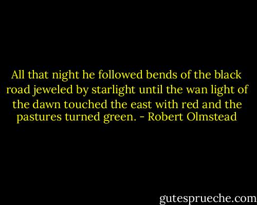 All that night he followed bends of the black road jeweled by starlight until the wan light of the dawn touched the east with red and the pastures turned green. - Robert Olmstead