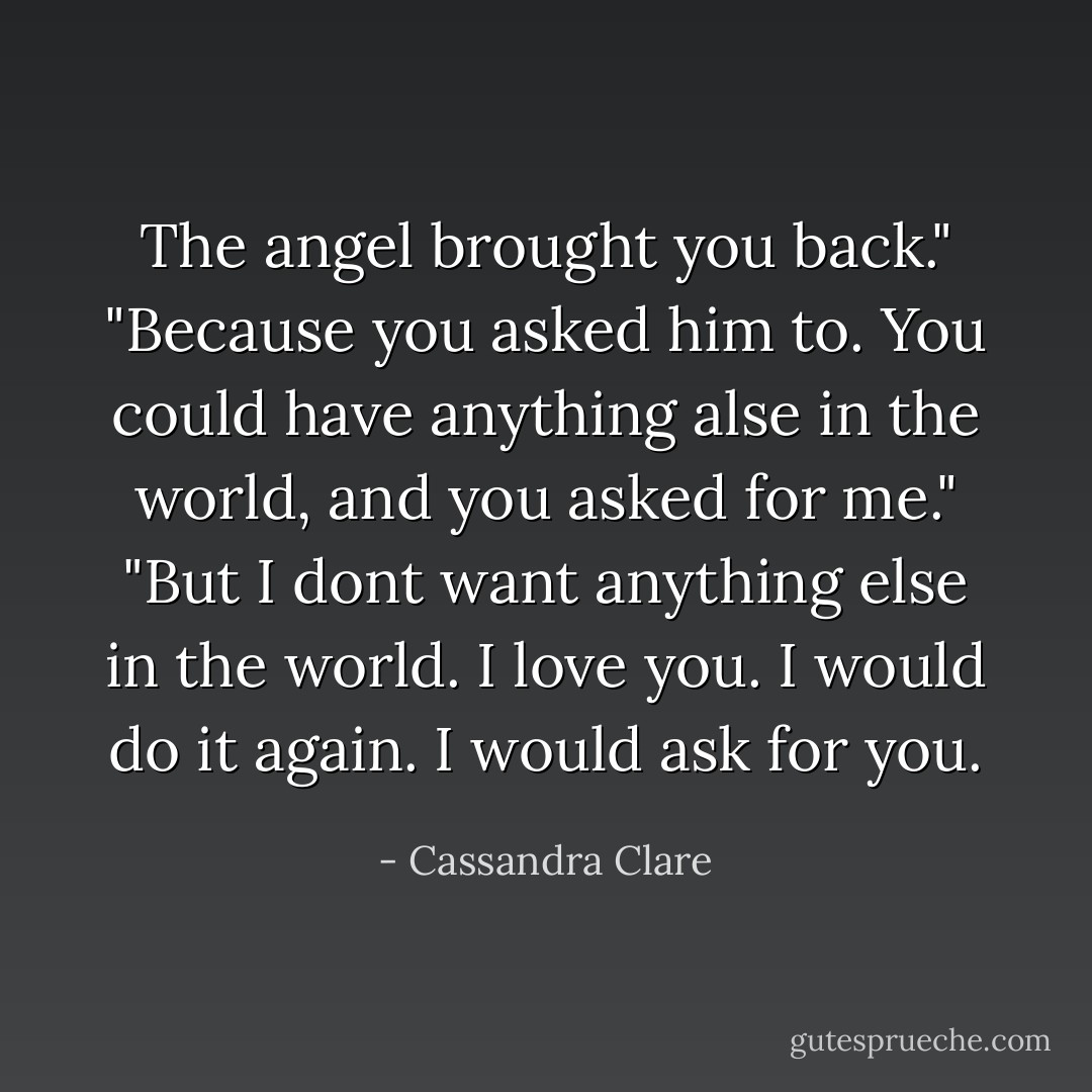 The angel brought you back."<br />"Because you asked him to. You could have anything alse in the world, and you asked for me."<br />"But I dont want anything else in the world. I love you. I would do it again. I would ask for you. - Cassandra Clare