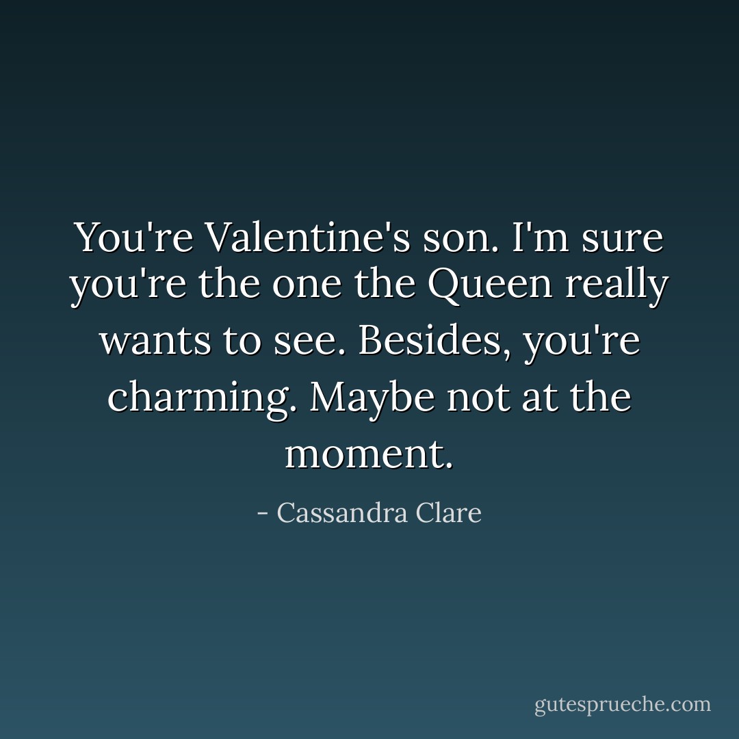 You're Valentine's son. I'm sure you're the one the Queen really wants to see. Besides, you're charming. Maybe not at the moment. - Cassandra Clare