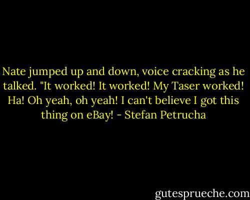 Nate jumped up and down, voice cracking as he talked. "It worked! It worked! My Taser worked! Ha! Oh yeah, oh yeah! I can't believe I got this thing on eBay! - Stefan Petrucha
