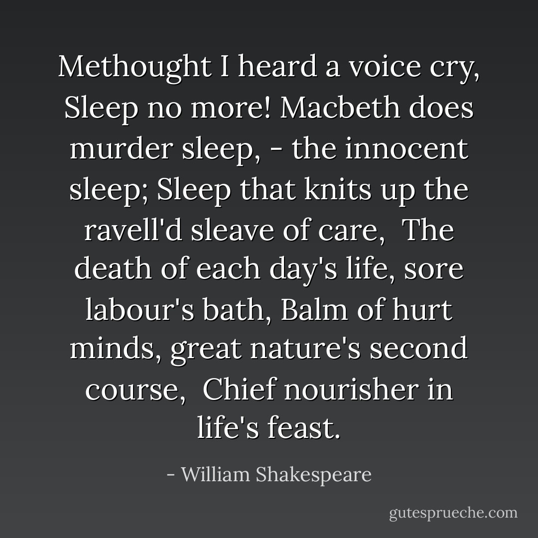 Methought I heard a voice cry, Sleep no more!<br />Macbeth does murder sleep, - the innocent sleep;<br />Sleep that knits up the ravell'd sleave of care, <br />The death of each day's life, sore labour's bath,<br />Balm of hurt minds, great nature's second course, <br />Chief nourisher in life's feast. - William Shakespeare