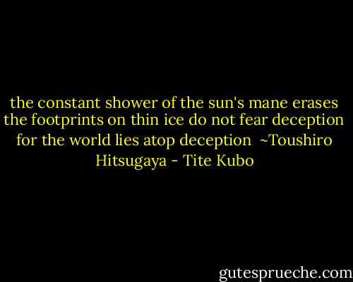 the constant shower of the sun's mane<br />erases the footprints on thin ice<br />do not fear deception for the world lies atop deception<br /><br />~Toushiro Hitsugaya - Tite Kubo