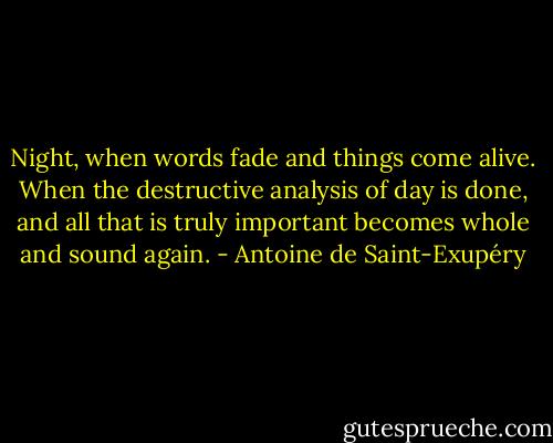 Night, when words fade and things come alive. When the destructive analysis of day is done, and all that is truly important becomes whole and sound again. - Antoine de Saint-Exupéry