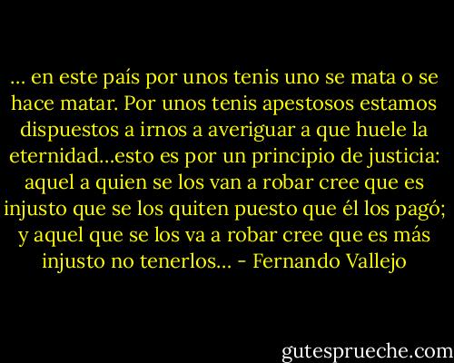… en este país por unos tenis uno se mata o se hace matar. Por unos tenis apestosos estamos dispuestos a irnos a averiguar a que huele la eternidad…esto es por un principio de justicia: aquel a quien se los van a robar cree que es injusto que se los quiten puesto que él los pagó; y aquel que se los va a robar cree que es más injusto no tenerlos… - Fernando Vallejo