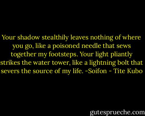 Your shadow stealthily<br />leaves nothing of where you go, like a poisoned needle<br />that sews together my footsteps.<br />Your light pliantly<br />strikes the water tower, like a lightning bolt<br />that severs the source of my life.<br />-Soifon - Tite Kubo