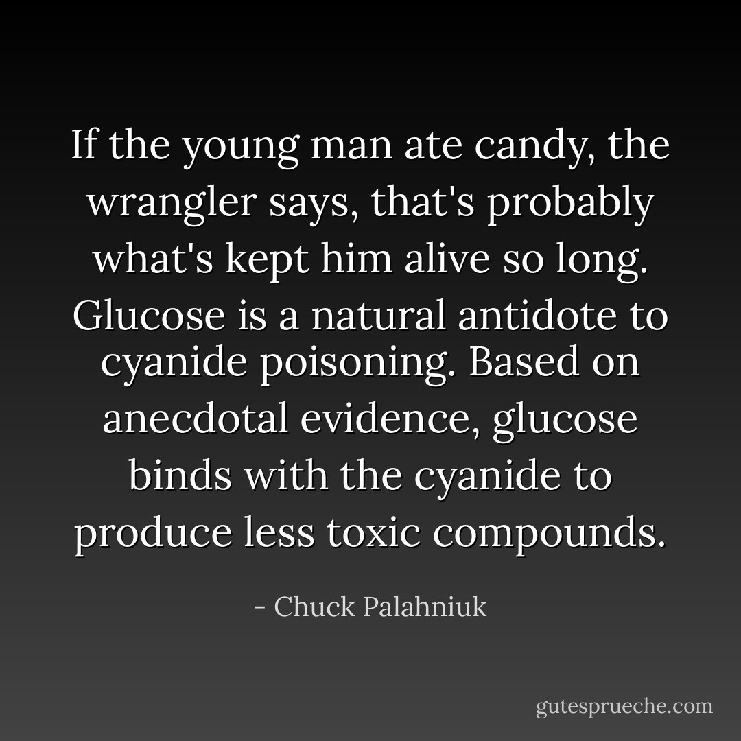 If the young man ate candy, the wrangler says, that's probably what's kept him alive so long. Glucose is a natural antidote to cyanide poisoning. Based on anecdotal evidence, glucose binds with<br />the cyanide to produce less toxic compounds. - Chuck Palahniuk