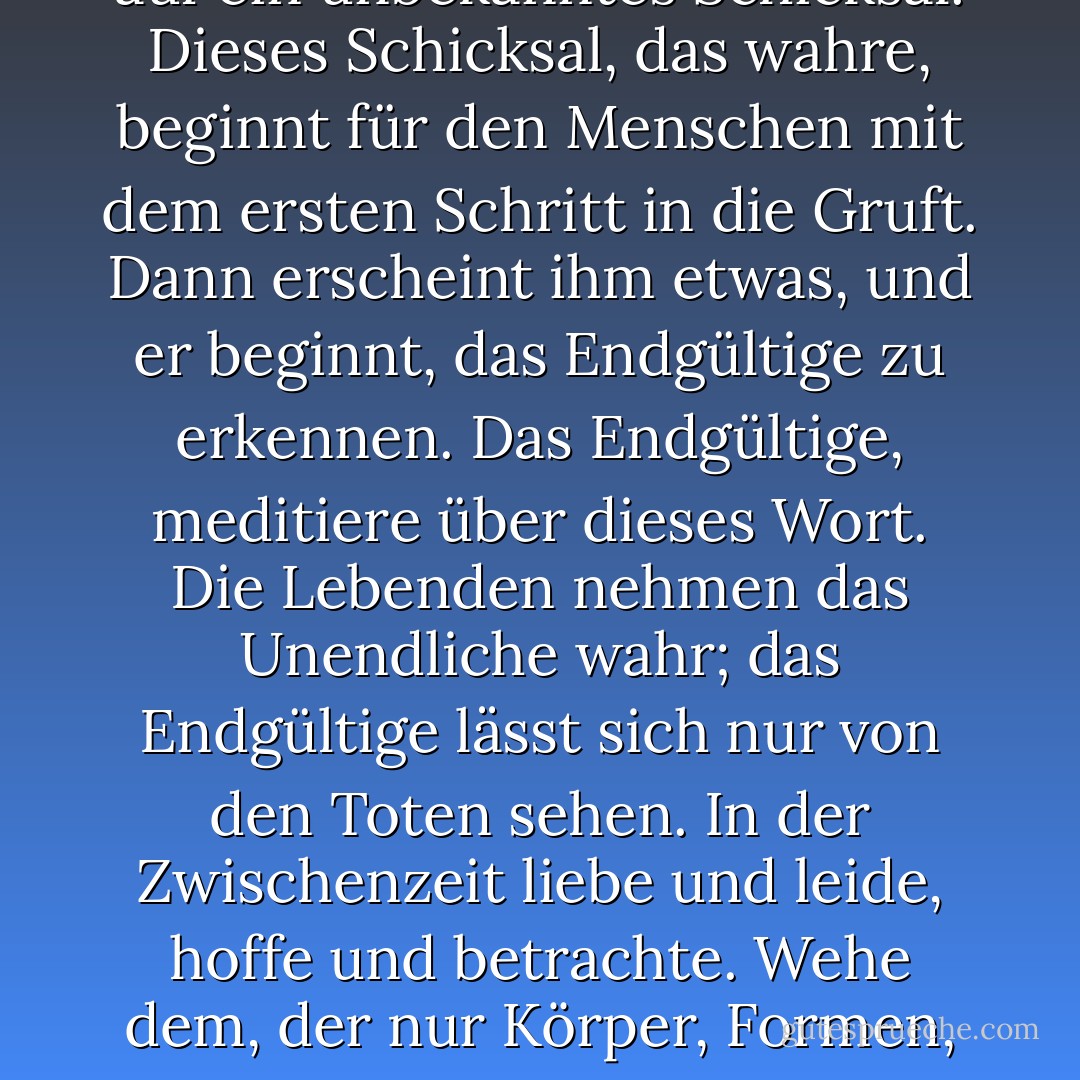 Tiefe Herzen, weise Geister, nehmen das Leben, wie Gott es geschaffen hat; es ist eine lange Prüfung, eine unbegreifliche Vorbereitung auf ein unbekanntes Schicksal. Dieses Schicksal, das wahre, beginnt für den Menschen mit dem ersten Schritt in die Gruft. Dann erscheint ihm etwas, und er beginnt, das Endgültige zu erkennen. Das Endgültige, meditiere über dieses Wort. Die Lebenden nehmen das Unendliche wahr; das Endgültige lässt sich nur von den Toten sehen. In der Zwischenzeit liebe und leide, hoffe und betrachte. Wehe dem, der nur Körper, Formen, Erscheinungen geliebt hat! Der Tod wird ihn von allem berauben. Versuche, die Seelen zu lieben, du wirst sie wiederfinden. - Victor Hugo<