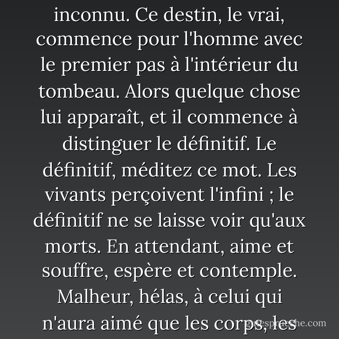 Cœurs profonds, esprits sages, prenez la vie telle que Dieu l'a faite : c'est une longue épreuve, une préparation incompréhensible à un destin inconnu. Ce destin, le vrai, commence pour l'homme avec le premier pas à l'intérieur du tombeau. Alors quelque chose lui apparaît, et il commence à distinguer le définitif. Le définitif, méditez ce mot. Les vivants perçoivent l'infini ; le définitif ne se laisse voir qu'aux morts. En attendant, aime et souffre, espère et contemple. Malheur, hélas, à celui qui n'aura aimé que les corps, les formes, les apparences ! La mort le privera de tout. Essayez d'aimer les âmes, vous les retrouverez. - Victor Hugo