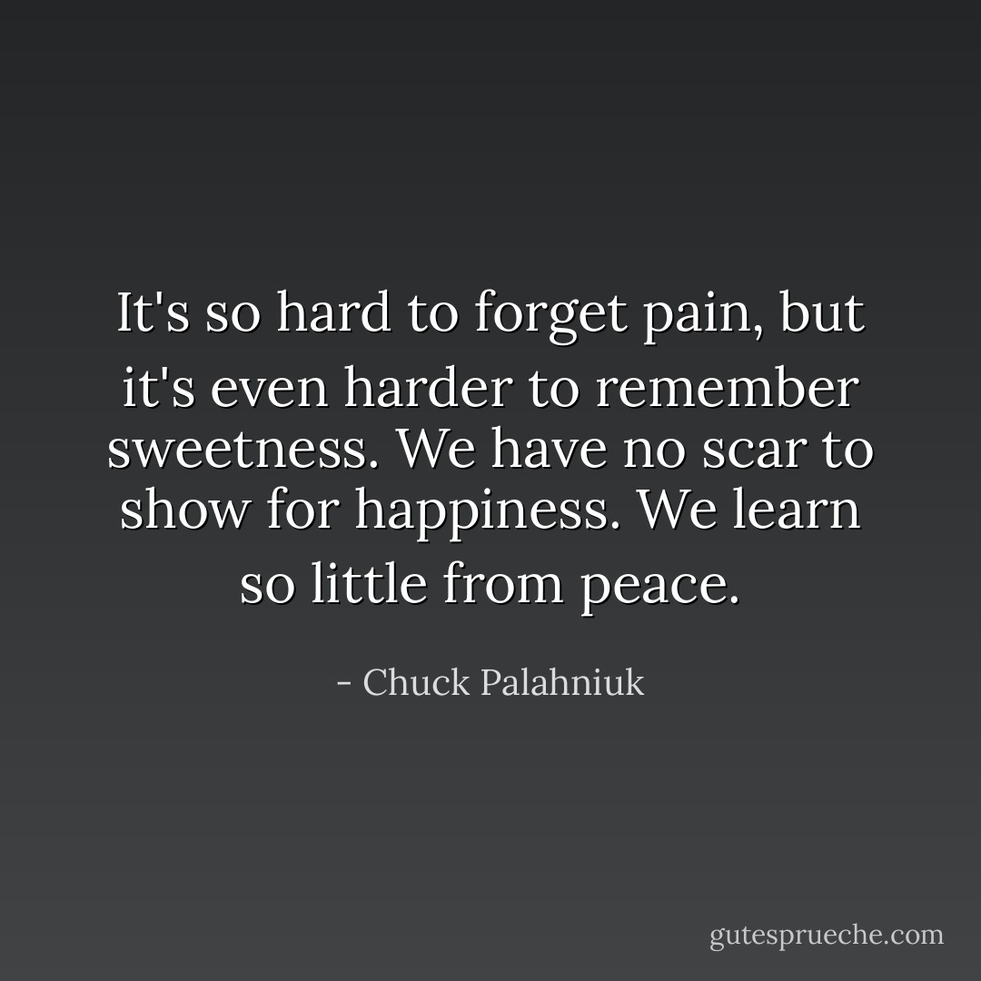 It's so hard to forget pain, but it's even harder to remember sweetness. We have no scar to show for happiness. We learn so little from peace. - Chuck Palahniuk