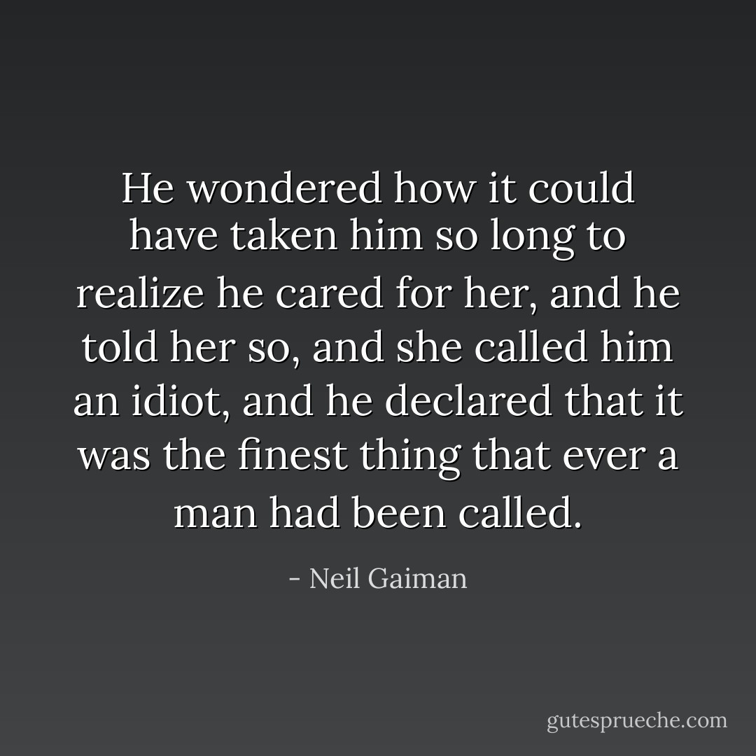 He wondered how it could have taken him so long to realize he cared for her, and he told her so, and she called him an idiot, and he declared that it was the finest thing that ever a man had been called. - Neil Gaiman