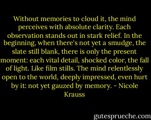 Without memories to cloud it, the mind perceives with absolute clarity. Each observation stands out in stark relief. In the beginning, when there's not yet a smudge, the slate still blank, there is only the present moment: each vital detail, shocked color, the fall of light. Like film stills. The mind relentlessly open to the world, deeply impressed, even hurt by it: not yet gauzed by memory. - Nicole Krauss