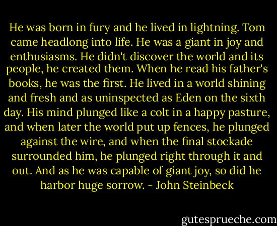 He was born in fury and he lived in lightning. Tom came headlong into life. He was a giant in joy and enthusiasms. He didn't discover the world and its people, he created them. When he read his father's books, he was the first. He lived in a world shining and fresh and as uninspected as Eden on the sixth day. His mind plunged like a colt in a happy pasture, and when later the world put up fences, he plunged against the wire, and when the final stockade surrounded him, he plunged right through it and out. And as he was capable of giant joy, so did he harbor huge sorrow. - John Steinbeck