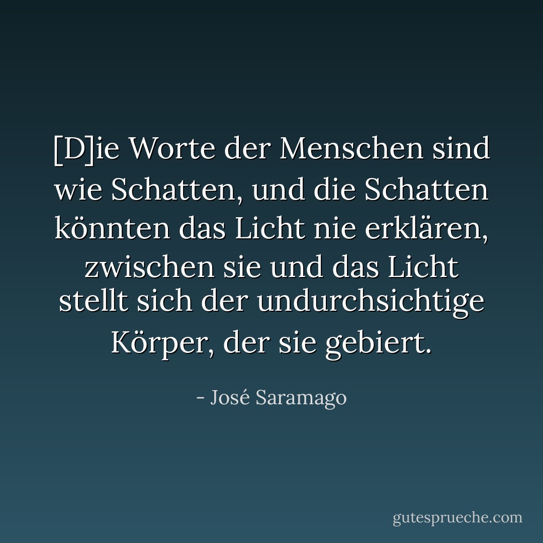 [D]ie Worte der Menschen sind wie Schatten, und die Schatten könnten das Licht nie erklären, zwischen sie und das Licht stellt sich der undurchsichtige Körper, der sie gebiert. - José Saramago