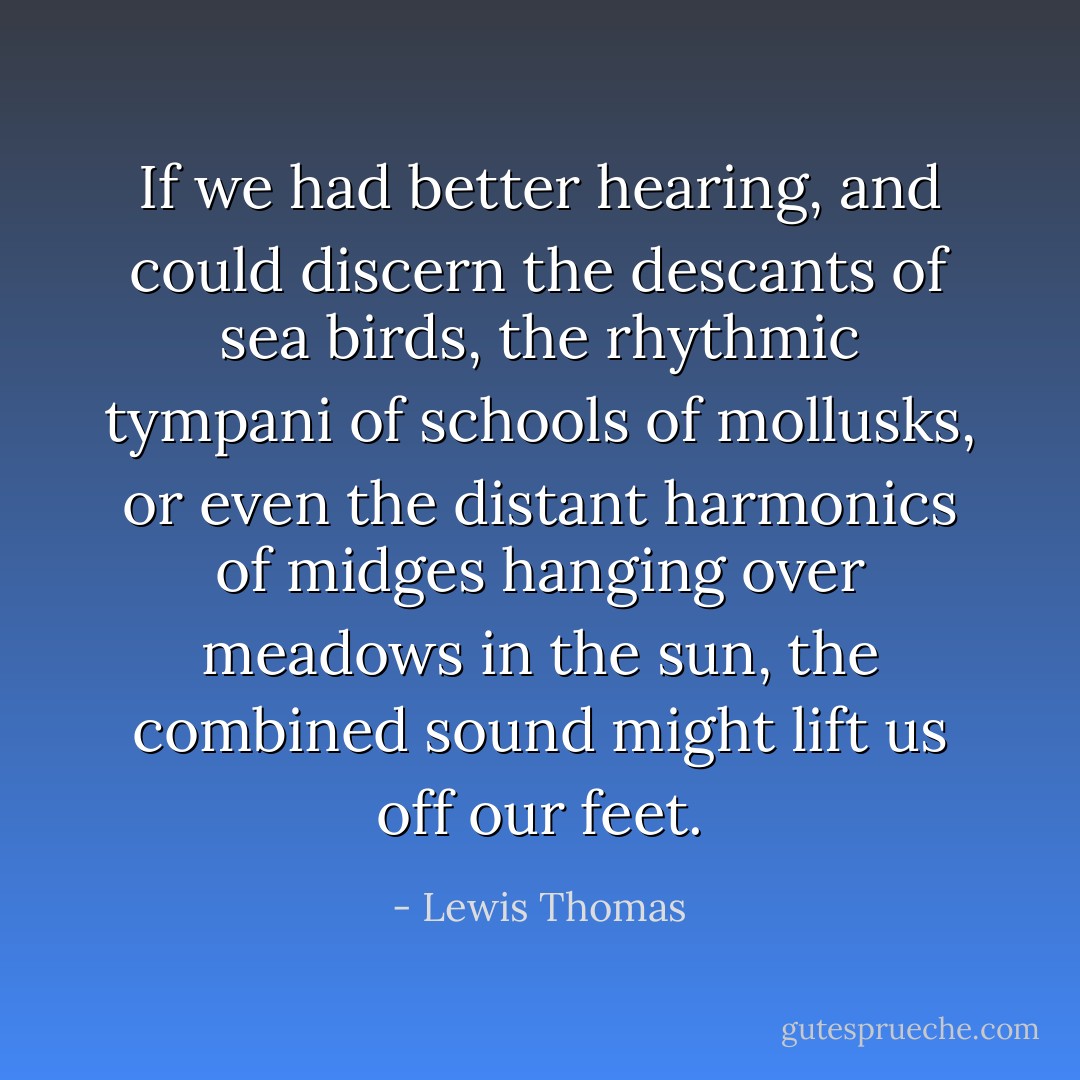 If we had better hearing, and could discern the descants of sea birds, the rhythmic tympani of schools of mollusks, or even the distant harmonics of midges hanging over meadows in the sun, the combined sound might lift us off our feet. - Lewis Thomas