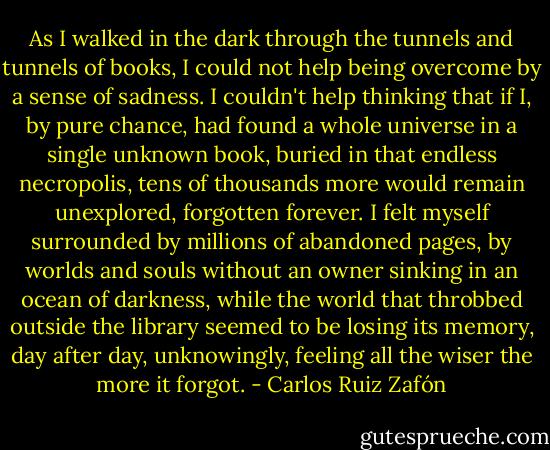 As I walked in the dark through the tunnels and tunnels of books, I could not help being overcome by a sense of sadness. I couldn't help thinking that if I, by pure chance, had found a whole universe in a single unknown book, buried in that endless necropolis, tens of thousands more would remain unexplored, forgotten forever. I felt myself surrounded by millions of abandoned pages, by worlds and souls without an owner sinking in an ocean of darkness, while the world that throbbed outside the library seemed to be losing its memory, day after day, unknowingly, feeling all the wiser the more it forgot. - Carlos Ruiz Zafón