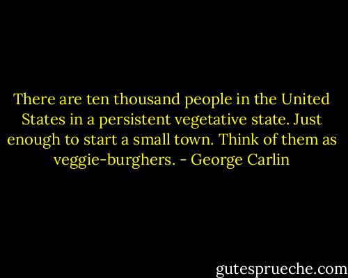There are ten thousand people in the United States in a persistent vegetative state. Just enough to start a small town. Think of them as veggie-burghers. - George Carlin