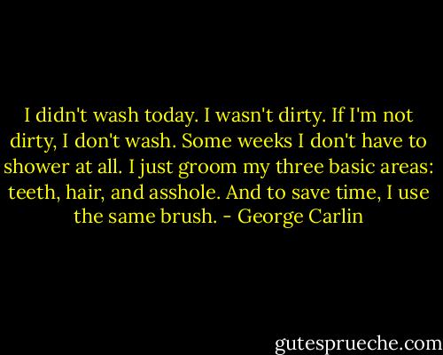 I didn't wash today. I wasn't dirty. If I'm not dirty, I don't wash. Some weeks I don't have to shower at all. I just groom my three basic areas: teeth, hair, and asshole. And to save time, I use the same brush. - George Carlin