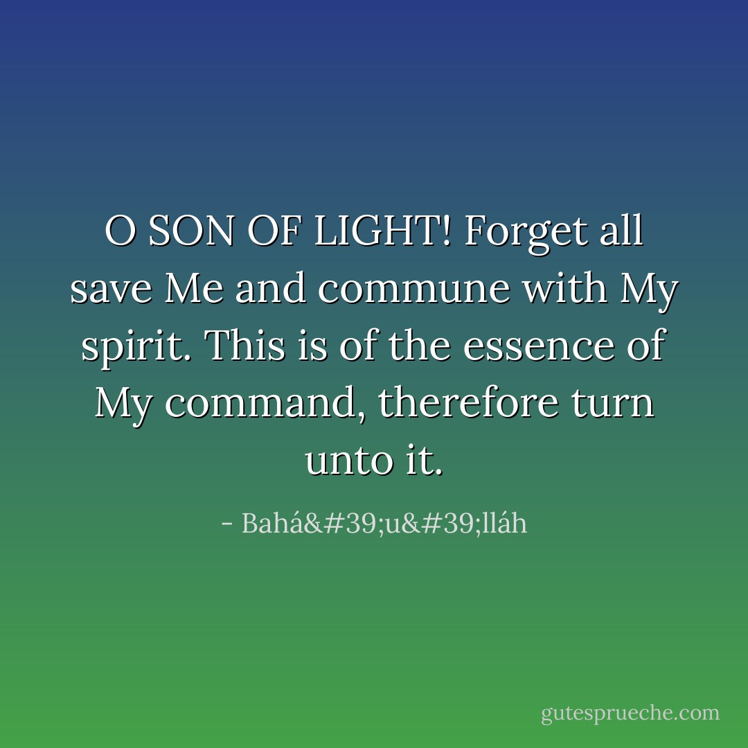 O SON OF LIGHT! Forget all save Me and commune with My spirit. This is of the essence of My command, therefore turn unto it. - Bahá'u'lláh