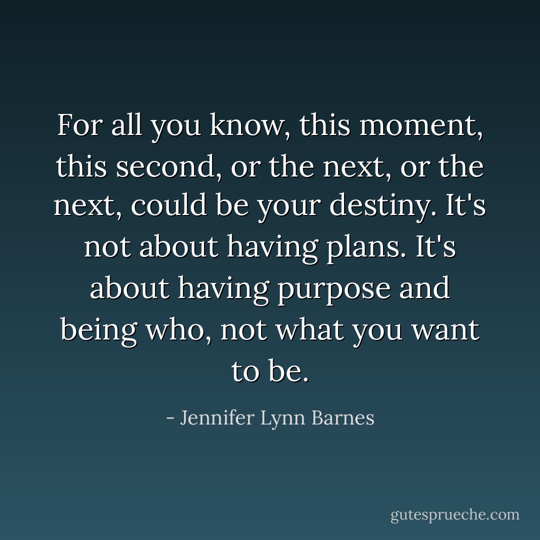 For all you know, this moment, this second, or the next, or the next, could be your destiny. It's not about having plans. It's about having purpose and being who, not what you want to be. - Jennifer Lynn Barnes