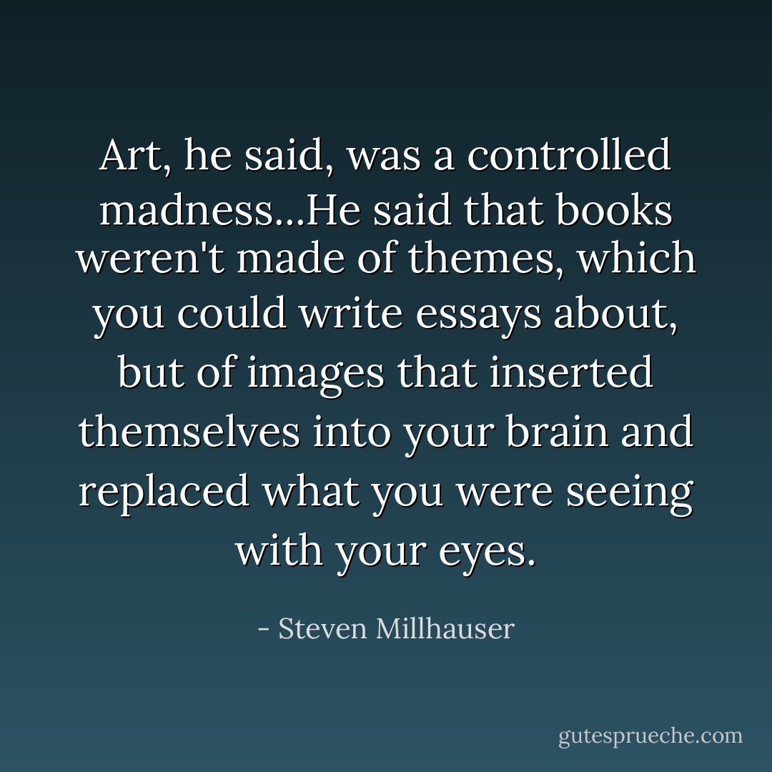 Art, he said, was a controlled madness...He said that books weren't made of themes, which you could write essays about, but of images that inserted themselves into your brain and replaced what you were seeing with your eyes. - Steven Millhauser