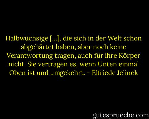 Halbwüchsige [...], die sich in der Welt schon abgehärtet haben, aber noch keine Verantwortung tragen, auch für ihre Körper nicht. Sie vertragen es, wenn Unten einmal Oben ist und umgekehrt. - Elfriede Jelinek