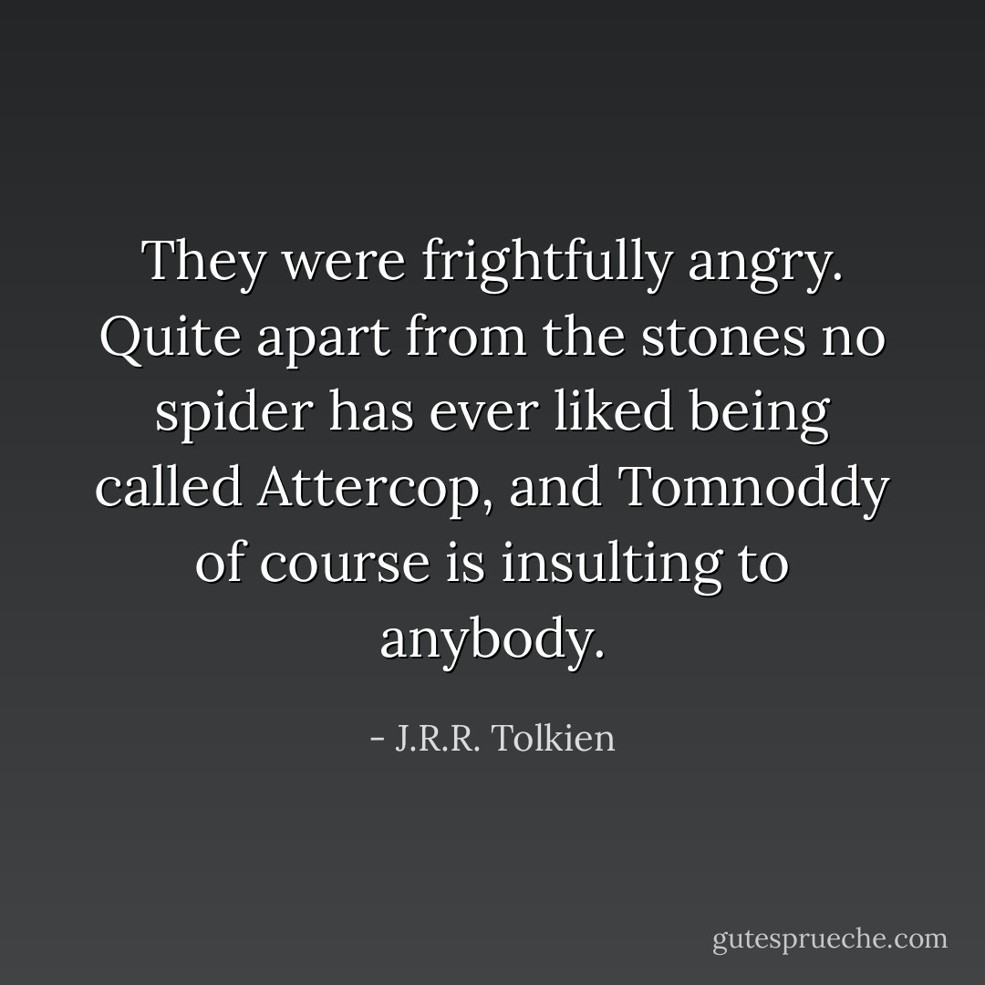 They were frightfully angry. Quite apart from the stones no spider has ever liked being called Attercop, and Tomnoddy of course is insulting to anybody. - J.R.R. Tolkien
