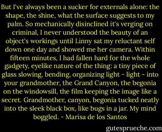 But I've always been a sucker for externals alone: the shape, the shine, what the surface suggests to my palm. So mechanically disinclined it's verging on criminal, I never understood the beauty of an object's workings until Linny sat my reluctant self down one day and showed me her camera. Within fifteen minutes, I had fallen hard for the whole gadgety, eyelike nature of the thing: a tiny piece of glass slowing, bending, organizing light - light - into your grandmother, the Grand Canyon, the begonia on the windowsill, the film keeping the image like a secret. Grandmother, canyon, begonia tucked neatly into the sleek black box, like bugs in a jar. My mind boggled. - Marisa de los Santos
