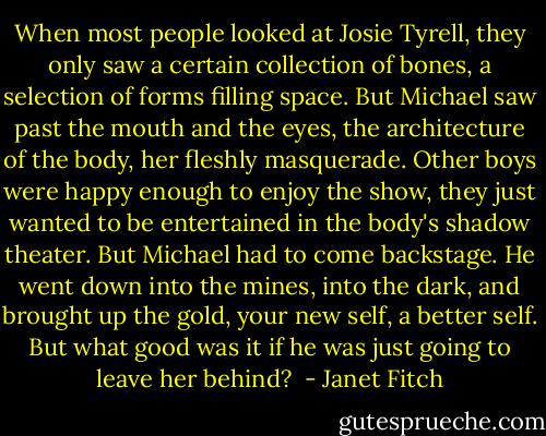When most people looked at Josie Tyrell, they only saw a certain collection of bones, a selection of forms filling space. But Michael saw past the mouth and the eyes, the architecture of the body, her fleshly masquerade. Other boys were happy enough to enjoy the show, they just wanted to be entertained in the body's shadow theater. But Michael had to come backstage. He went down into the mines, into the dark, and brought up the gold, your new self, a better self. But what good was it if he was just going to leave her behind?  - Janet Fitch