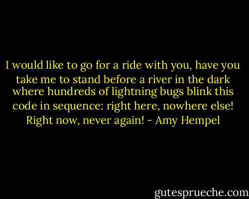 I would like to go for a ride with you, have you take me to stand before a river in the dark where hundreds of lightning bugs blink this code in sequence: right here, nowhere else! Right now, never again! - Amy Hempel