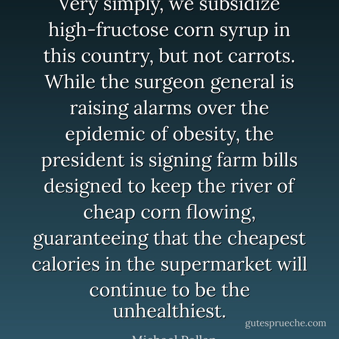 Very simply, we subsidize high-fructose corn syrup in this country, but not carrots. While the surgeon general is raising alarms over the epidemic of obesity, the president is signing farm bills designed to keep the river of cheap corn flowing, guaranteeing that the cheapest calories in the supermarket will continue to be the unhealthiest. - Michael Pollan