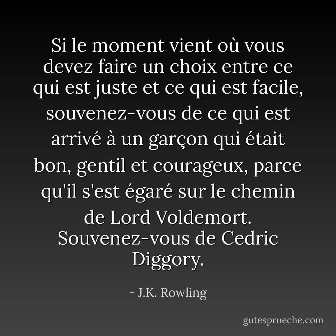 Si le moment vient où vous devez faire un choix entre ce qui est juste et ce qui est facile, souvenez-vous de ce qui est arrivé à un garçon qui était bon, gentil et courageux, parce qu'il s'est égaré sur le chemin de Lord Voldemort. Souvenez-vous de Cedric Diggory. - J.K. Rowling