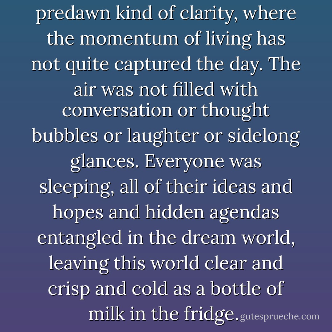 Outside, there was that predawn kind of clarity, where the momentum of living has not quite captured the day. The air was not filled with conversation or thought bubbles or laughter or sidelong glances. Everyone was sleeping, all of their ideas and hopes and hidden agendas entangled in the dream world, leaving this world clear and crisp and cold as a bottle of milk in the fridge.  - Reif Larsen