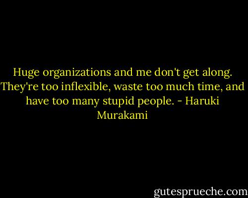 Huge organizations and me don't get along. They're too inflexible, waste too much time, and have too many stupid people. - Haruki Murakami